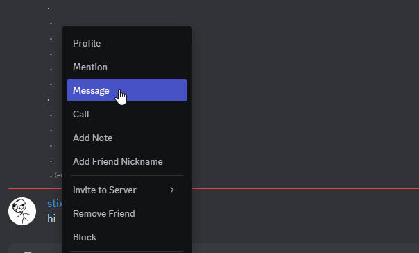 A screenshot of Discord with someone about to message stixc